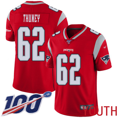New England Patriots Football #62 100th Season Inverted Legend Limited Red Youth Joe Thuney NFL Jersey